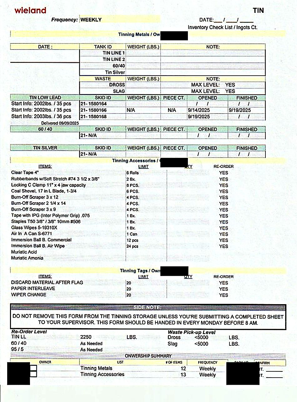 Weekly tinning metals and accessories count sheet